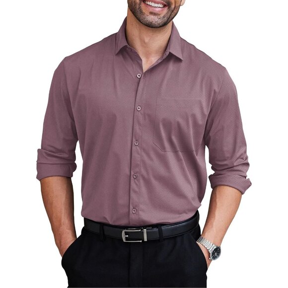 Lilac Men Long Sleeve Wrinkle Free Textured Button Down Business Dress Shirt - Picture 1 of 7